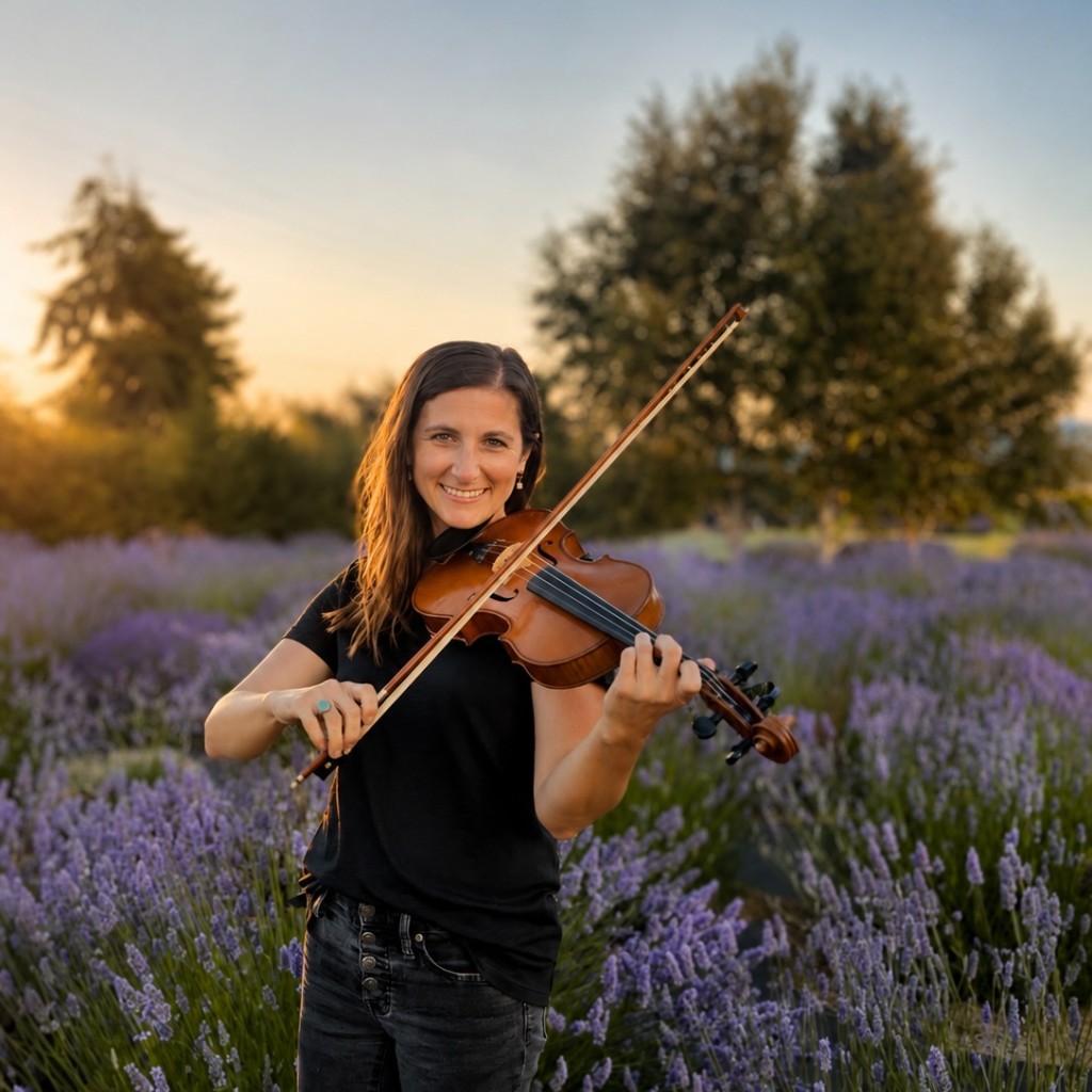 Kari Jensen playing violin in a lavender field